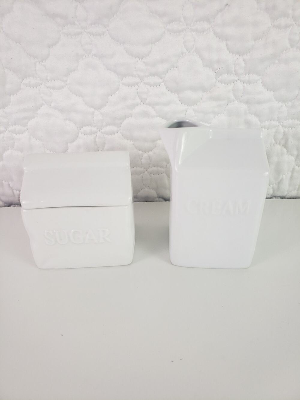 Fitz and Floyd Everyday White Sugar Bowl & Creamer Porcelain Milk Carton Set